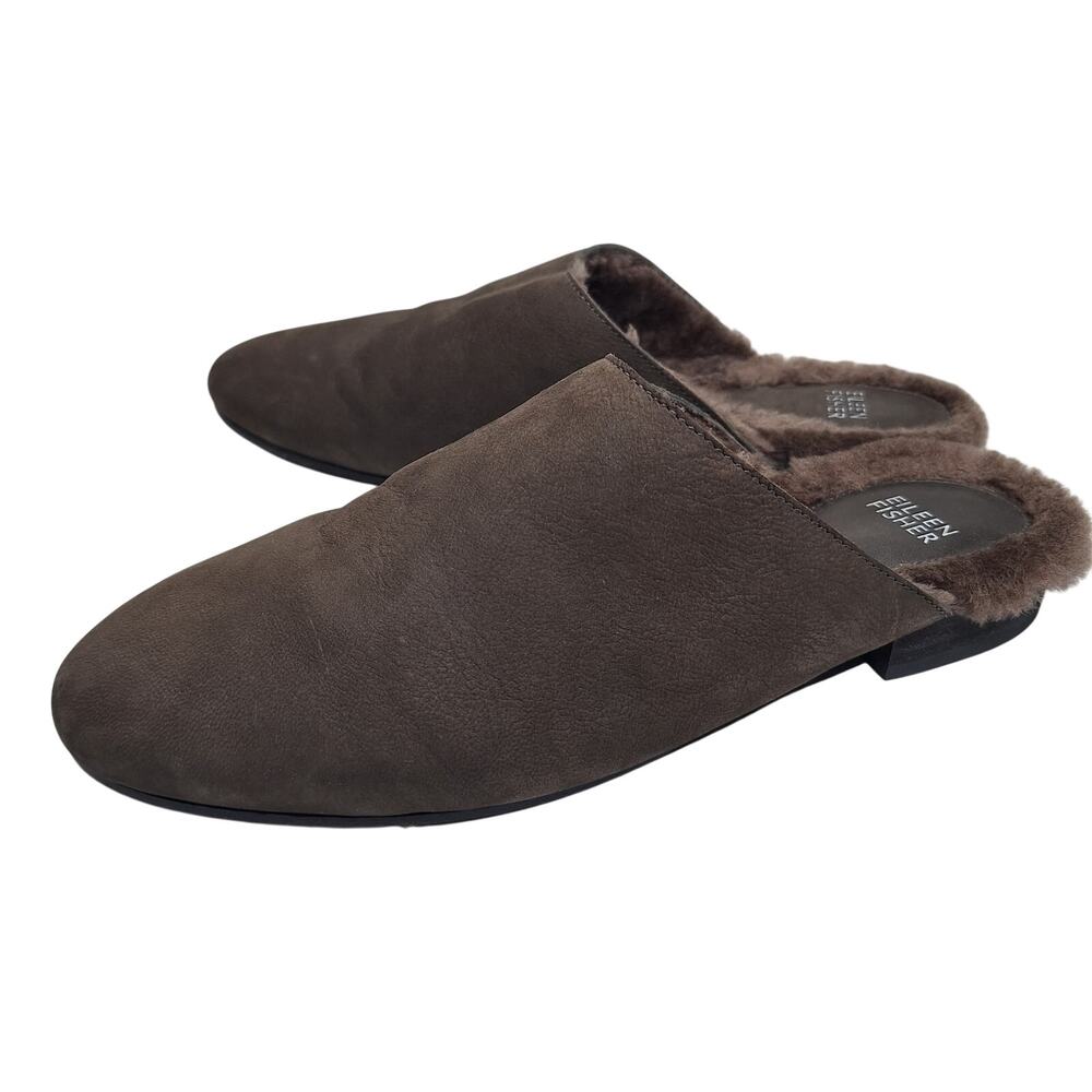 Eileen Fisher Gwen Tumbled Nubuck Mules Slides Shoes 9.5 Furry Shearling Brown